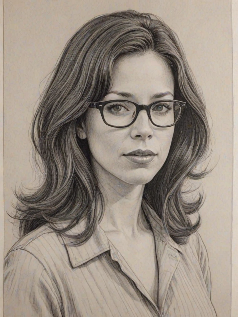 Beauteous Jackie Tohn, pencil sketch, portrait of Captivating woman 1962s in glasses, hair style beatnik, outline, clear lines, fine lines, 8k
