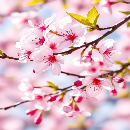 Regenerate a vibrant cherry blossom branch illustration with high detail and depth, captured with a DSLR camera at f/2.8 aperture, ISO 100, 50mm lens, in natural light, with a macro photography style for enhanced clarity and color richness.