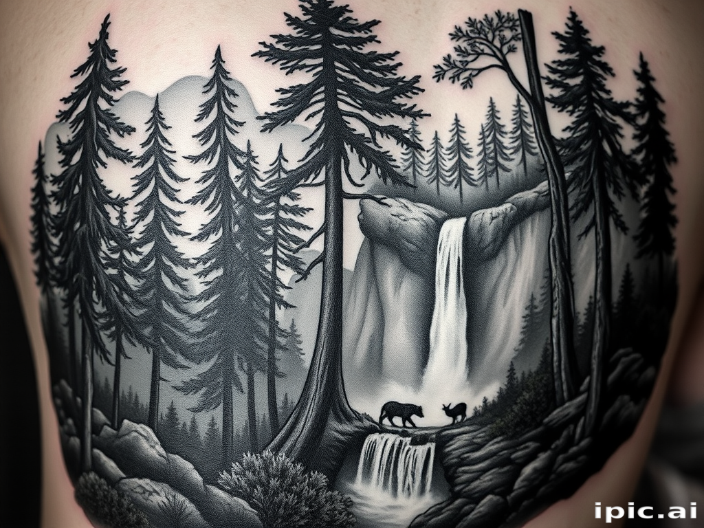 Realistic black and gray tattoo called "Shadows of Nature" portraying a lifelike forest scene with towering trees, cascading waterfalls, and hidden wildlife, celebrated for its photorealistic shading and depth