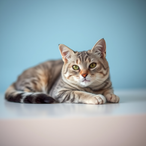 A silver tabby cat lounging on a white surface against a soft blue background, captured with a DSLR camera at f/2.8 aperture, ISO 100, 50mm lens, using a shallow depth of field for sharp focus on the cat and a blurred background.