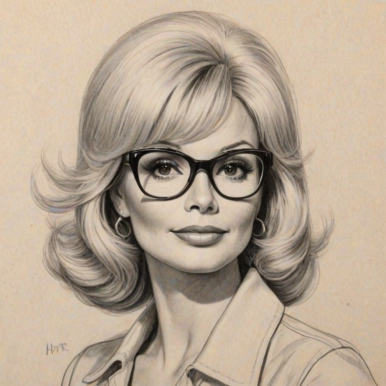 Delightful Loni Anderson, pencil sketch, portrait of Superb woman 1933s in glasses, hair style beatnik, outline, clear lines, fine lines, 8k