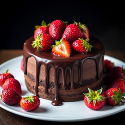 Chocolate cake with strawberries on top rich chocolate ganache dripping down the sides placed on a white plate surrounded by fresh strawberries dark background soft lighting
