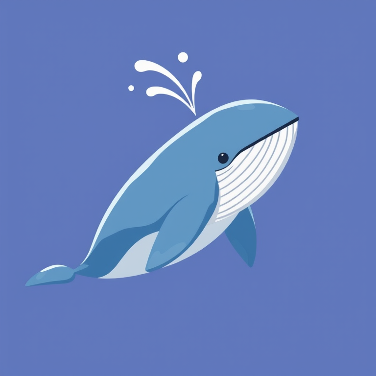Create a high-resolution illustration of a stylized whale, featuring smooth curves and a playful splash of water, captured with a Canon EOS 5D Mark IV at f/8, ISO 100, 1/200s, from a slightly elevated angle to enhance depth and detail, using a clean and vibrant color palette.