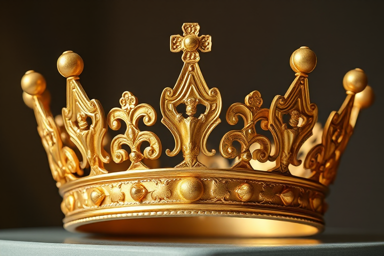 Generate a high-resolution image of a golden crown with intricate details, shot in natural light using a DSLR camera, f/1.8 aperture, ISO 100, 50mm lens, captured from a slightly elevated angle for depth and contrast.