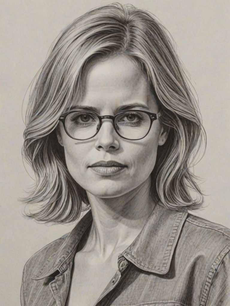 Comely Kim Dickens, pencil sketch, portrait of Comely woman 1979s in glasses, hair style beatnik, outline, clear lines, fine lines, 8k