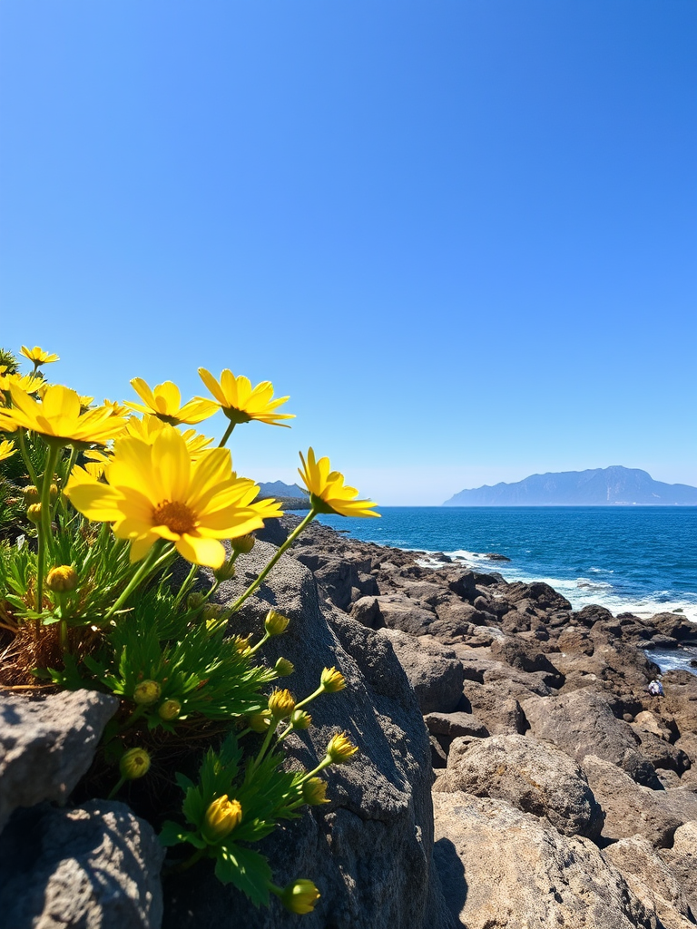 landscape of a rocky coastline with blooming yellow flowers in the foreground and a distant mountain range under a clear blue sky, captured with a Canon EOS R5, 24-70mm lens, aperture f/8, ISO 100, shutter speed 1/250s, wide-angle view, vibrant colors, high clarity