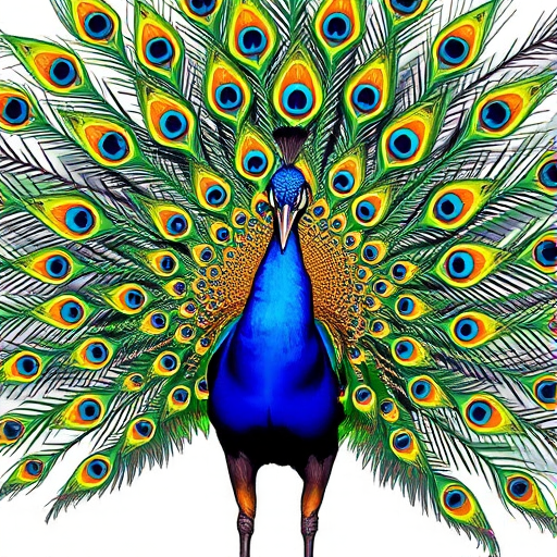 Create a vibrant and colorful illustration of a peacock with an elaborate, swirling feather display, using a high-resolution digital illustration technique with a 50mm lens, aperture f/2.8, ISO 100, and a front view perspective to enhance image quality.