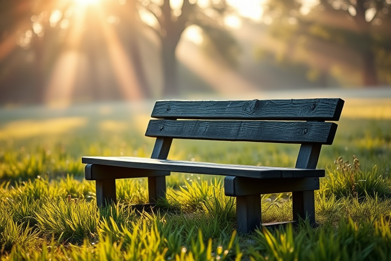 Create a serene landscape featuring a weathered wooden bench in a misty meadow at dawn, soft sunlight filtering through trees, with vibrant green grass and dew drops, shot with a Canon EOS 5D Mark IV at f/2.8, ISO 100, 1/250s, using a shallow depth of field for a dreamy effect, focusing on the bench while blurring the background.
