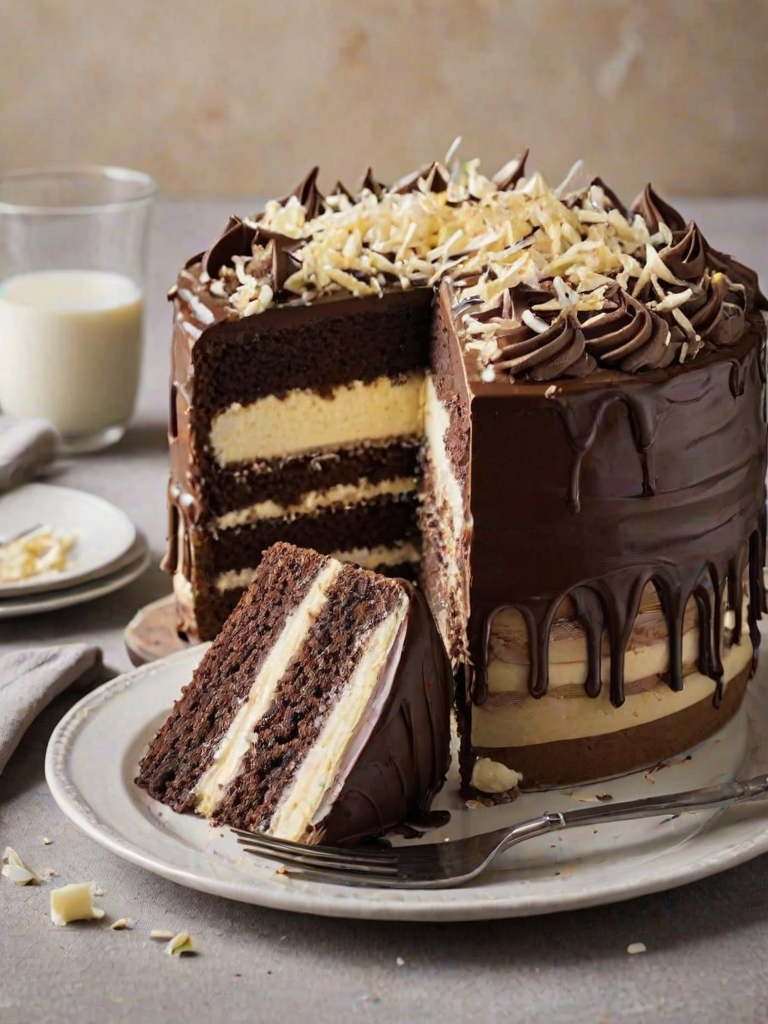 Create a richly layered chocolate and vanilla cake with smooth frosting, topped with white chocolate shavings. The cake should have distinct layers of dark chocolate and creamy vanilla, presented on a simple plate with a fork beside it. The background should be softly blurred to highlight the cake.