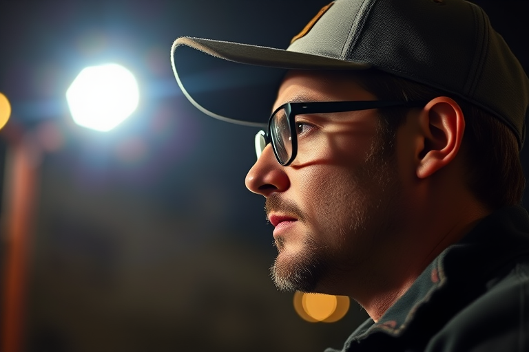 portrait of a man in profile wearing a baseball cap and glasses at night with dramatic lighting, 50mm lens, f/1.8 aperture, ISO 100, 1/200 sec shutter speed, shallow depth of field, soft focus background, DSLR camera