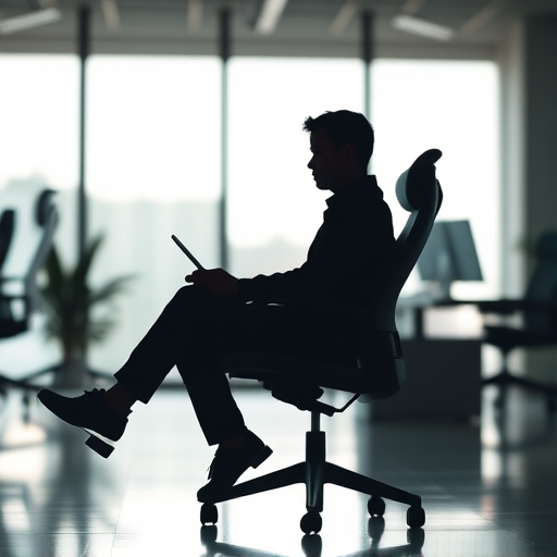 Create a detailed silhouette of a person sitting relaxed in a modern office chair, use a DSLR camera with an aperture of f/2.8, a shutter speed of 1/60s, and ISO 100, in a well-lit indoor setting focused on the subject with a shallow depth of field to enhance background blur.