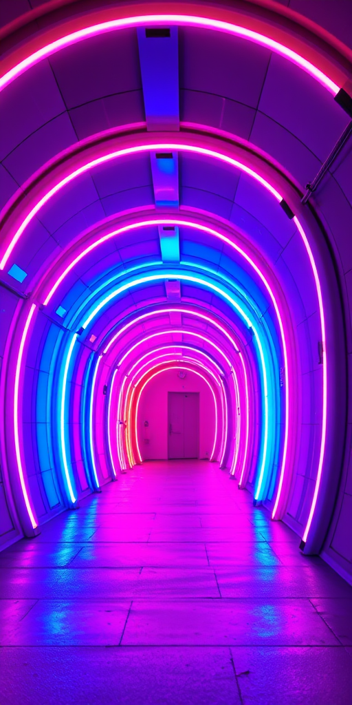 Create a vibrant, futuristic tunnel scene with colorful neon lights in pink, blue, and purple hues, captured with a Canon EOS R5, 24mm f/1.4 lens, ISO 100, shutter speed 1/60s, aperture f/2.8, wide-angle view, and a high dynamic range for enhanced visual effect.