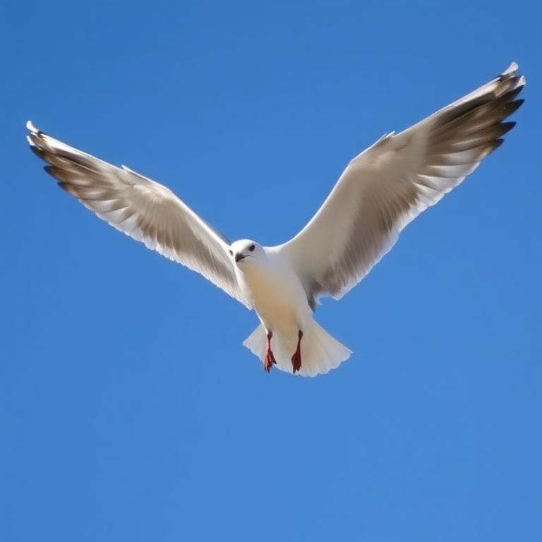 a seagull in mid-flight with wings spread wide against a clear blue sky, taken with a DSLR camera, 200mm lens, f/5.6 aperture, 1/1000s shutter speed, ISO 200, shot from below to emphasize wingspan and details of feathers, vibrant colors and sharp focus.