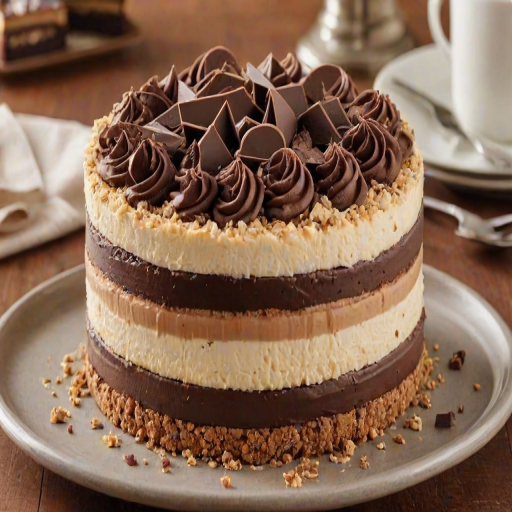 Generate an image of a decadent dessert featuring layers of chocolate cheesecake and vanilla cheesecake. The cake is topped with crushed cookies, chocolate ganache, and decorative chocolate frosting. Include chocolate sandwich cookies and crumbled cookie pieces as garnishes.