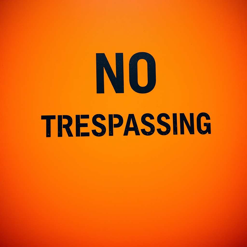 Create a high-resolution image of a warning sign that reads "NO TRESPASSING" in bold black letters on a bright orange background, captured with a DSLR camera at f/8 aperture, ISO 200, 1/125 sec shutter speed, shooting in a flat lay view to emphasize clarity and color vibrancy.