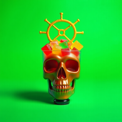 Create a digital illustration of a skull cup filled with colorful gummy candies, topped with a golden halo, set against a vibrant green background, using a Canon EOS R5 with a 50mm f/1.2 lens, aperture set to f/2.8, ISO 100, and a shallow depth of field for enhanced image quality.
