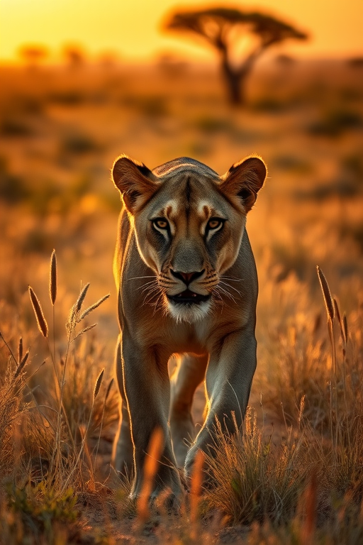Sharp, detailed photo of a lioness walking through tall grass at sunset, soft golden light reflecting off her fur, distant acacia trees casting long shadows across the savannah.