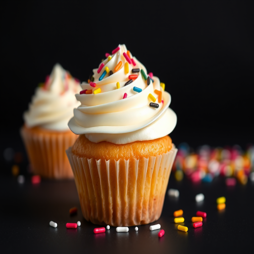 A close-up image of a delicious cupcake with white frosting swirls topped with colorful sprinkles on a dark background showcasing a few scattered sprinkles around the base.