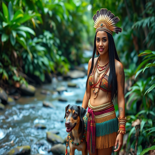 Create an image of a woman in tribal-inspired clothing standing in a lush jungle environment near a stream, with a dog beside her, using a Canon EOS R5 with a 50mm lens, aperture f/1.8, ISO 200, and a shallow depth of field for a soft background blur, capturing vibrant colors and natural lighting.
