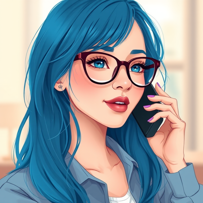 Create an illustration of a woman with glasses and blue hair talking on a phone, using a soft color palette, capture it with a DSLR camera at f/2.8 aperture, ISO 100, 50mm lens, focusing on vibrant details and smooth textures, with a slight blur background to enhance depth.