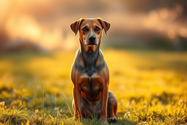 Create a high-resolution image of a brown and black spotted dog sitting proudly in a sunlit grassy area during golden hour, using a DSLR camera with a 50mm lens, aperture at f/1.8, shutter speed of 1/200s, ISO 100, capturing a shallow depth of field to enhance the background blur.