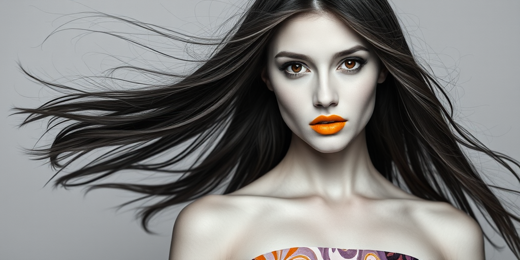 Photographic image of a beautiful young Kazakh woman, brown eyes, lips with Yellow lipstick, long hair fluttering in the wind and wearing a silk strapless dress with a soft purple and orange print. monochrome image with only color highlights in the iris of the eyes, lipstick and dress. Gray background.