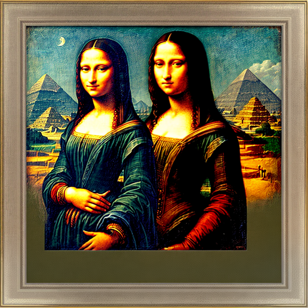 framed portrait picture of A Monalisa in front of Egyptian pyramids (copy-right free)