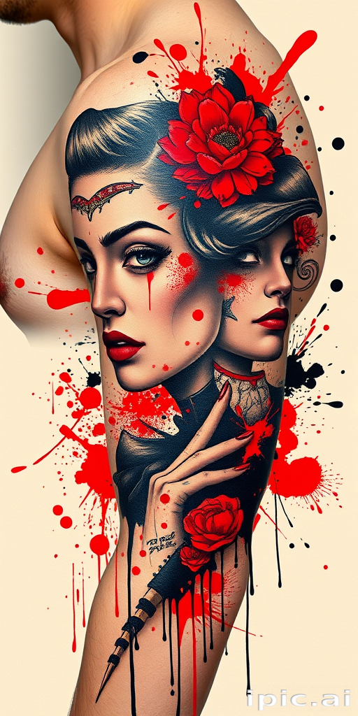 Trash polka tattoo called "Chaotic Elegance" combining bold, graphic elements with realistic portraits and abstract splatters in a striking red and black color scheme, creating a dynamic and visually arresting composition that tells a personal story through seemingly random yet carefully curated imagery, ideal for those who appreciate avant-garde and unconventional tattoo styles.