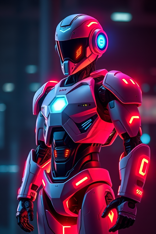 Create an ultra-realistic image of a futuristic robot standing confidently, vibrant colors and glowing elements, 50mm lens, f/1.8 aperture, ISO 100, portrait view, high dynamic range photography, digital SLR camera.
