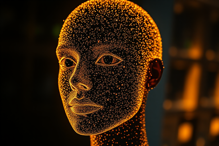 Create an image of a glowing, abstract humanoid face made of shimmering gold particles and light, shot with a Canon EOS R5, 50mm lens, aperture f/1.8, ISO 100, in a dark environment with a soft focus background and high dynamic range.
