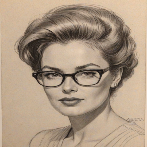Fetching Annie Jacob, pencil sketch, portrait of Exquisite woman 1955s in glasses, hair style beatnik, outline, clear lines, fine lines, 8k