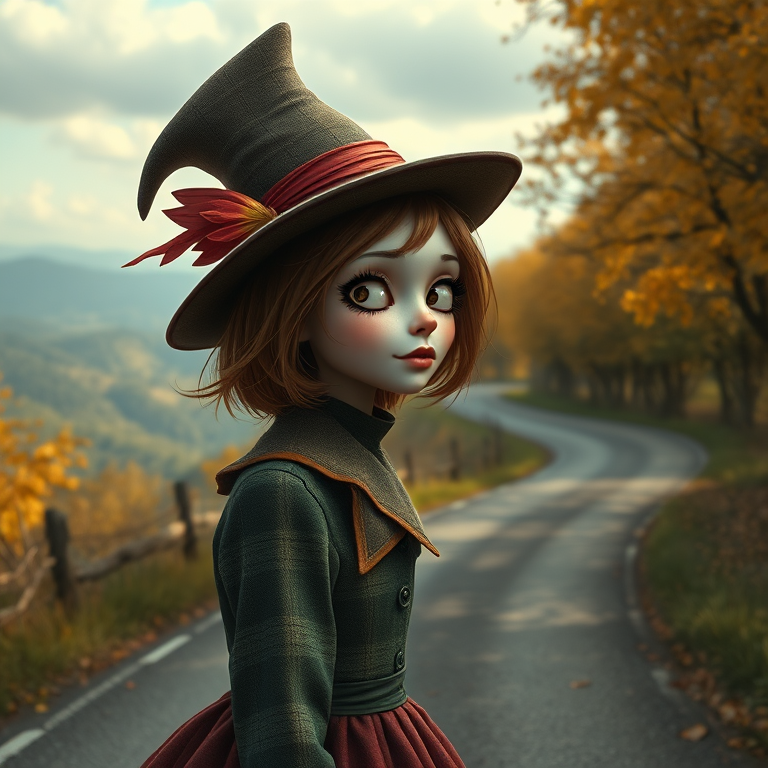 digital art fantasy depicting a strange girl with brown hair, long eyelashes, white lipstick and a tall hat walking along a winding road on an autumn afternoon, an Finch smiles as she passes