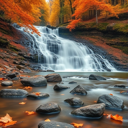 capture a serene autumn landscape featuring a waterfall surrounded by trees with vibrant orange leaves, focus on the flowing water and scattered rocks in the foreground, use a Canon EOS R5 with a 24-70mm f/2.8 lens, aperture f/8, shutter speed 1/60 sec, ISO 200, shot from a low angle to emphasize the foreground details, maintain a soft focus on the background for depth