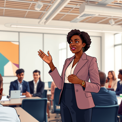 Generate a vibrant digital illustration of a confident African American businesswoman presenting in a modern meeting room, surrounded by an engaged audience, using a Canon EOS R5 at f/2.8, ISO 100, 1/125s, wide-angle lens, natural light for enhanced clarity and color richness.