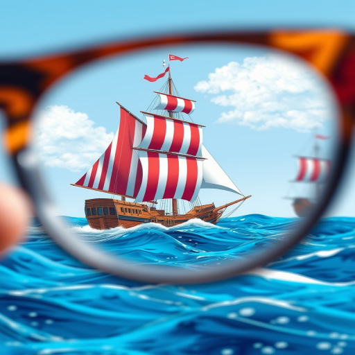 Create an illustration of a traditional sailing ship with a red and white sail on blue waves, viewed through an artistic glasses frame, captured with a high-resolution DSLR camera at f/8 aperture, ISO 100, 50mm lens, in vibrant colors with a soft-focus background.