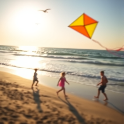 Blurry action shot of a kite flying high above a sunlit beach, soft focus on the bright colors of the kite, distant seagulls flying overhead, and children running along the shoreline, the sound of waves crashing in the background.