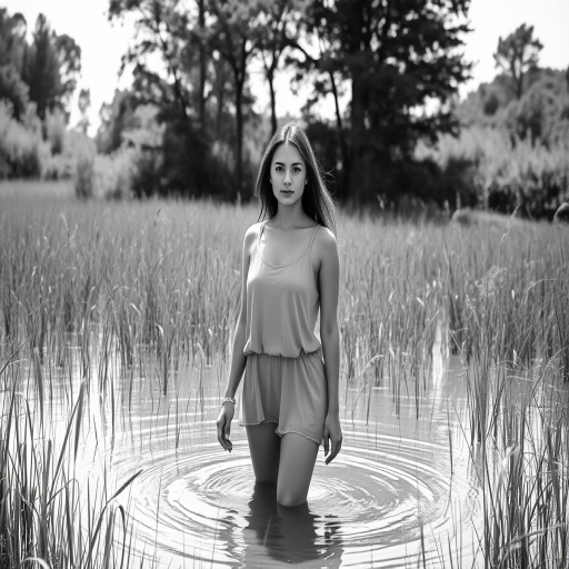 portrait of a woman standing in shallow water surrounded by tall grass and trees in a serene landscape, captured in black and white, using a Canon EOS R5 camera with a 50mm lens, f/1.8 aperture, ISO 100, shutter speed 1/200 sec, soft natural lighting, focus on the subject with shallow depth of field