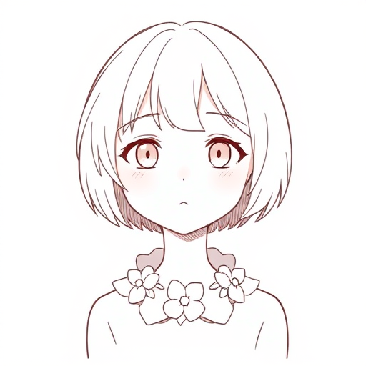 Draw a character with short hair and a floral collar in a minimalist style, using soft lines and gentle shading; camera settings: f/4, ISO 100, 1/125s; camera view: frontal portrait; camera style: digital illustration; camera type: DSLR.