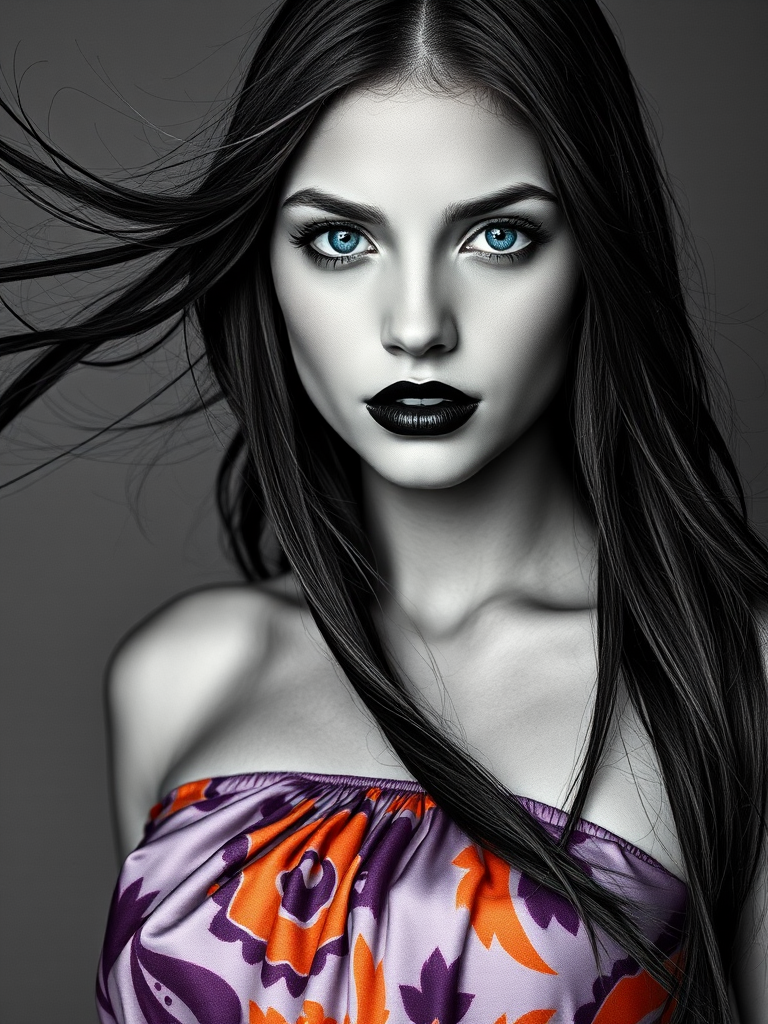 Photographic image of a beautiful young Native American woman, blue eyes, lips with black lipstick, long hair fluttering in the wind and wearing a silk strapless dress with a soft purple and orange print. monochrome image with only color highlights in the iris of the eyes, lipstick and dress. Gray background.