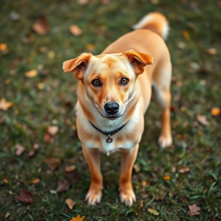 Capture a sharp, well-lit photograph of a medium-sized, sandy-colored dog standing on a grassy area with scattered leaves, using a DSLR camera with a 50mm lens, aperture f/2.8, 1/200s shutter speed, ISO 200, in natural light with a shallow depth of field.