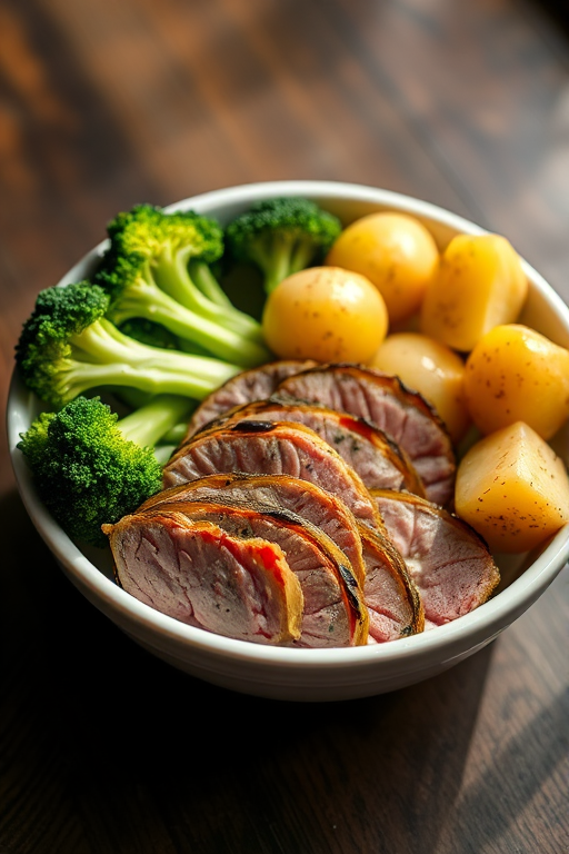 A bowl containing slices of meat, fresh broccoli, and potatoes arranged artistically with natural lighting, taken with a DSLR camera, 50mm f/1.8 lens, ISO 200, aperture f/4, and a shallow depth of field to enhance focus on the food.