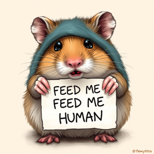 hamster holding a note which says "FEED ME HUMAN"