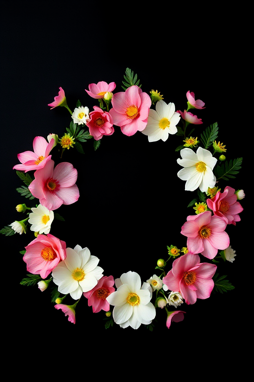 Create a circular floral wreath design with pink, white, and green flowers on a black background, captured with a DSLR camera at f/2.8 aperture, 50mm lens, and ISO 100 for high detail and vibrant colors, using a soft focus style for an elegant look.