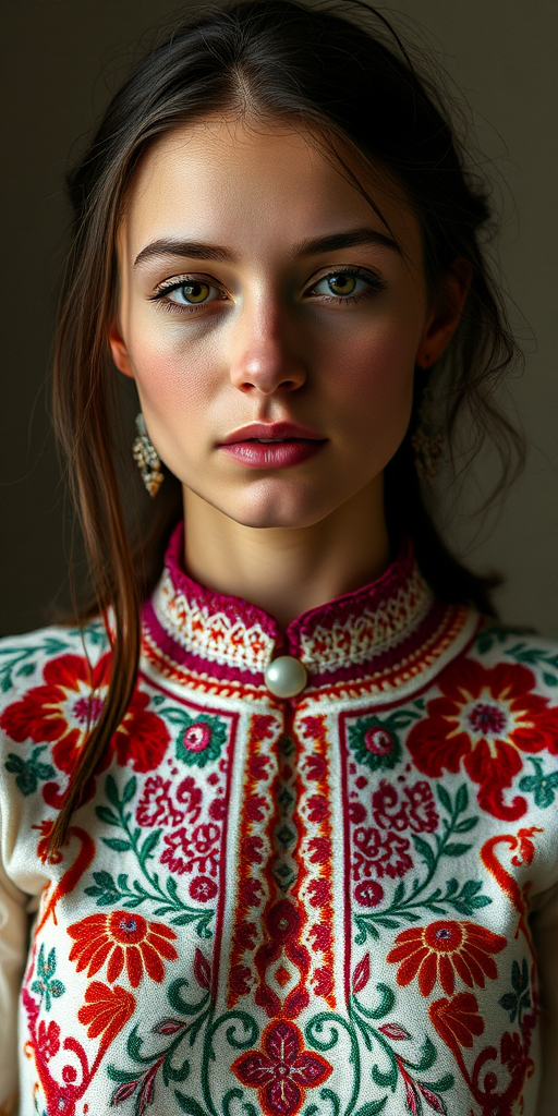 Face, shoulders, chest covered in openwork Ukrainian embroidery. Raw, unedited image.