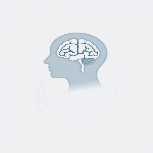 A minimalistic graphic featuring a silhouette of a head in profile with a brain illustration inside, supported by two hands below, high resolution, 300 DPI, soft lighting, shallow depth of field, taken with a DSLR camera at f/2.8, 50mm lens, ISO 100, natural light.