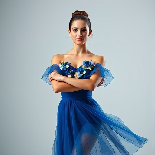 female ballet dancer in a blue dress with flowers, graceful pose, studio lighting, 50mm lens, f/2.8 aperture, ISO 100, front view, soft focus background, high resolution.