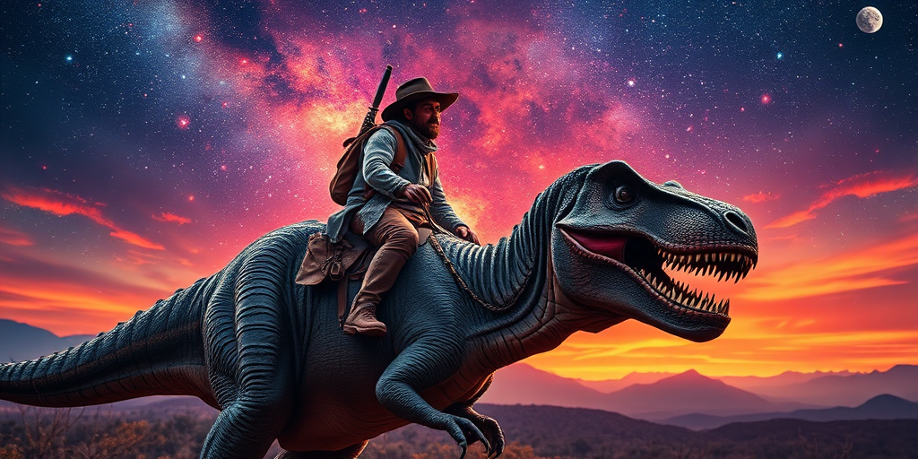 cowboy riding a dinosaur against a cosmic background, sunset colors, high detail, DSLR camera, focal length 50mm, aperture f/1.8, ISO 100, wide angle view, high dynamic range, vibrant colors