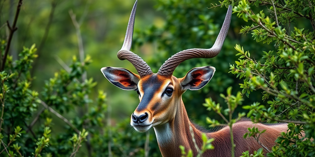 Regenerate the image of a kudu male with prominent twisted horns in a lush green environment, using a Canon EOS 5D Mark IV with a 70-200mm lens, aperture set to f/4, shutter speed of 1/500s, ISO 400, taken from a low angle to emphasize the horns and surrounding foliage.