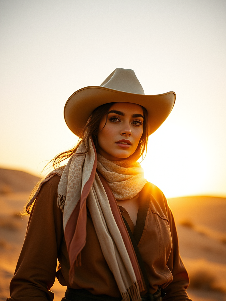 Dramatic photo of a beautiful Arab woman, classic cowboy attire, confident and free spirit expression, half-length portrait, centered, golden hour desert landscape, warm, diffused light, low angle, medium format film camera, in style of Annie Leibovitz.