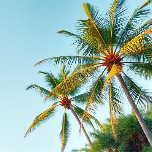 Generate a high-resolution image of two palm trees swaying gently in a tropical breeze, shot in portrait mode with a Canon EOS R5, aperture f/2.8, shutter speed 1/250s, ISO 200, using a wide-angle lens for enhanced depth and sharpness.